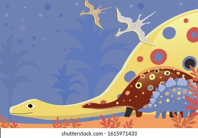 Vector image of the bright and colorful dinosaurs in the jungle on a blue background. Space for text.