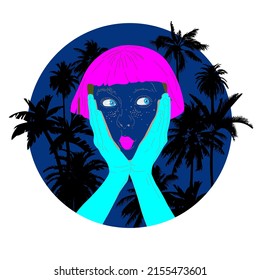 Imagen vectorial, una niña brillante en el fondo de un cielo nocturno de verano y palmeras