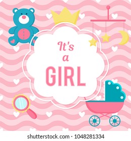 Vector image. Bright invitation with text and children's elements for design. Birthday present baby.