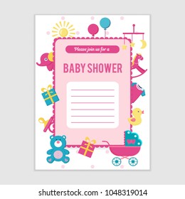 Vector image. Bright invitation with text and children's elements for design. Birthday present baby.
