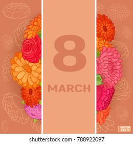 Vector image. Bright postcard from 8 March. Eighth March greeting card in pink and beige tones with flowers