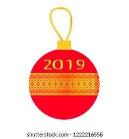 Vector image with a bright red Christmas tree bauble decorated with golden ornament and the figures 2019. Traditional New Year decoration.