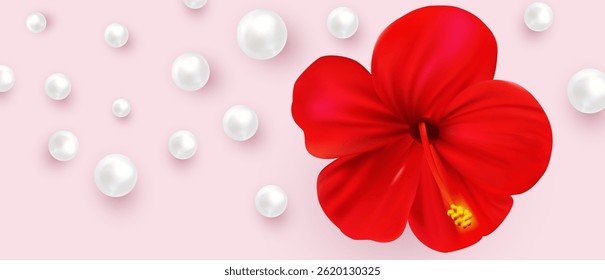 Vector image of a bright red hibiscus flower surrounded by white pearls on a soft pink background, ideal for beauty, spa, wedding, or tropical themed designs