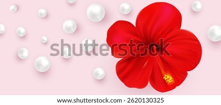 Vector image of a bright red hibiscus flower surrounded by white pearls on a soft pink background, ideal for beauty, spa, wedding, or tropical themed designs