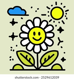 Vector Imagen de sol brillante y flores sobre fondo blanco.