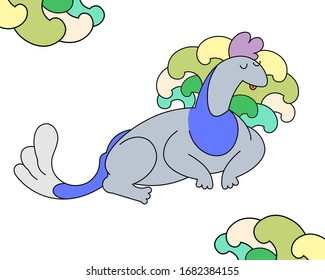 Vector image of a brightly colored dragon on a white background with two wavy elements in the corners