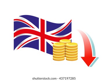 Vector image of a British flag, coins and a downwards arrow