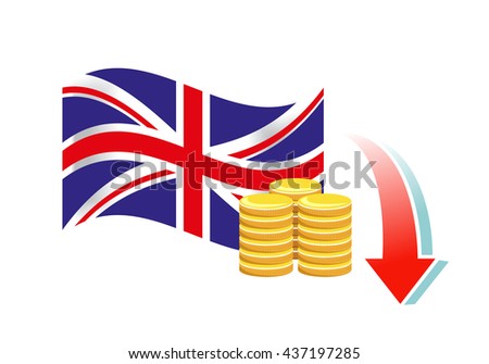 Vector image of a British flag, coins and a downwards arrow