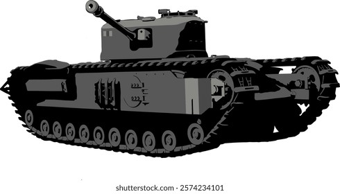 Vector image. British heavy tank. Black and white illustration.