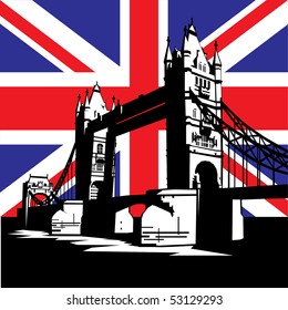 vector image of British and london symbols. Famous London Bridge on the background of the British flag