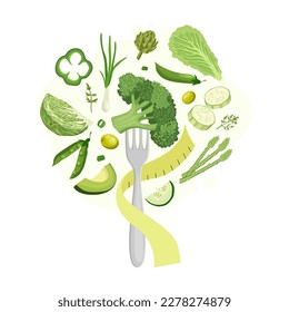 Vector image of broccoli on a fork with a measuring tape and vegetables around. Vegetable illustration for the concept of healthy eating, vegan, fresh vegetables, etc. figure