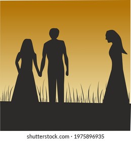 Vector image of broken hearted woman silhouette seeing her boyfriend with other people