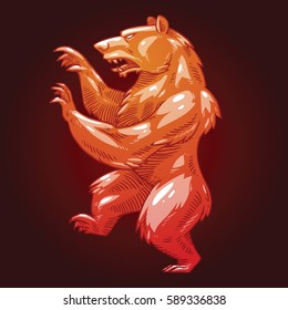 Vector image of a bronze heraldic bear standing on his hind legs and turn left on a dark red background. Coat of arms, heraldry, emblem, symbol. Color image. Vector illustration.