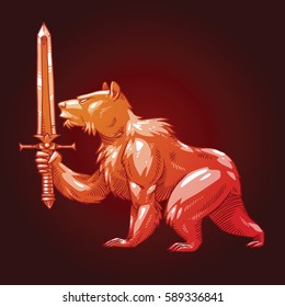 Vector image of a bronze heraldic bear standing turned left with a sword in his paw on a dark red background. Coat of arms, heraldry, emblem, symbol. Color image. Vector illustration.