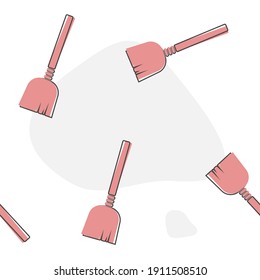Vector image of a broom. Vector illustration broom cartoon style seamless pattern on a white background.