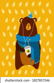 vector image of a brown bear in autumn drinking latte and listening to music