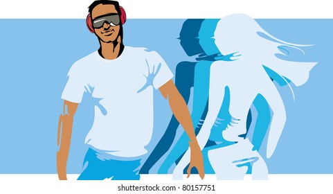 vector image of brunette man and silhouette of woman