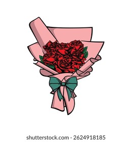 vector image of a bucket of red roses wrapped in pink paper and green ribbon for gift or surprise