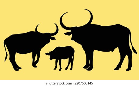 Vector image of an buffalo on yellow background.vector isolated buffalo with black color design illustration