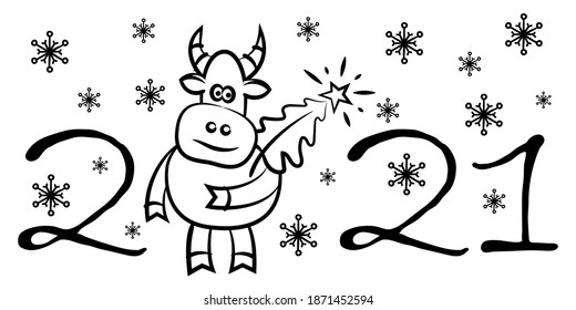 Imagen vectorial de un toro con un árbol de Navidad y la inscripción 2021