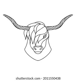 Vector image of a bull with long horns. Drawing for coloring. Buffalo head. The head of a horned animal. Bull head graphic drawing. Logo design.