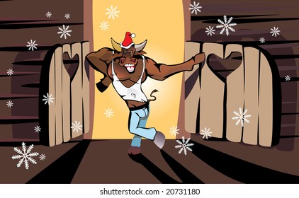 vector image of bull in saloon. good use for Christmas cards and posters
