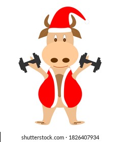 Imagen vectorial de un toro disfrazado de santa claus. El toro va a los deportes y lleva panecillos en las manos