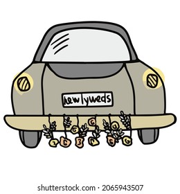 Vector image of the bumper of the newlyweds' car with flowers. Hand-drawn. Design of posters, postcards, invitations, prints, stickers, holidays, decor, logo.