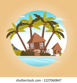 Vector image a bungalow on the shore of a lagoon. Vector illustration of a cartoon villages with bungalow buildings on the lagoon bay. The concept of life in the distance civilization the fresh air