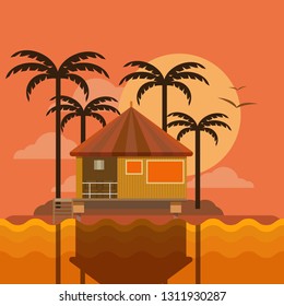 Vector image a bungalow on the shore of a lagoon. Vector illustration of a cartoon villages with bungalow buildings on the lagoon bay. The concept of life in the distance civilization the fresh air