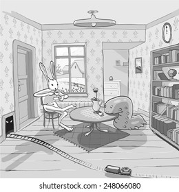 Vector image of a bunny, caterpillar and hidden monster, having a cup of coffee in traditional interior of a village house.
