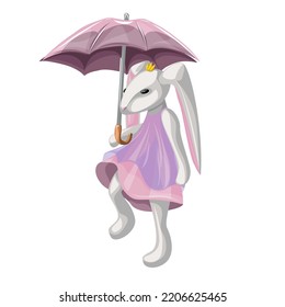 Vector image of a bunny or rabbit in a dress with an umbrella. Cartoon style. Isolated on white background. EPS 10