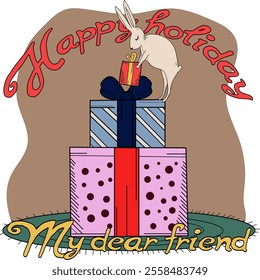 Vector image of a bunny.Rabbit and gifts.New Year vector.Christmas.Print for clothes
