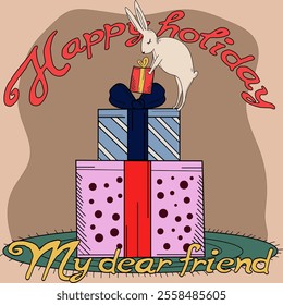 Vector image of a bunny.Rabbit and gifts.New Year vector.Christmas.Gift card