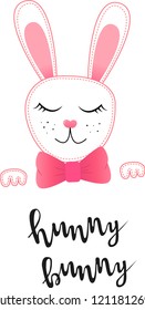 Vector image of a bunny/rabbit with a hand drawn lettering hunny bunny, for t-shirt design, template, isolated