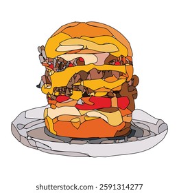 vector image of burgers layered with meat and cheese in abstract style with attractive colors drawn by hand