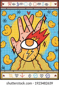 Vector image. A burning hand, and yellow birds around. Ducks sticker. Tarot card.