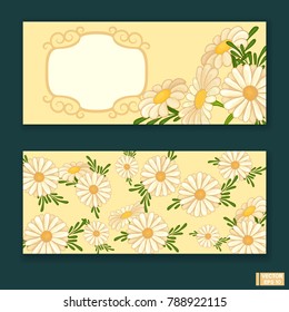 Vector image. A business card with camomiles and a place under the text. Delicate card with daisies