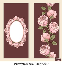 Vector image. Business card with the image of pink roses. Vintage card with flowers hand drawn.