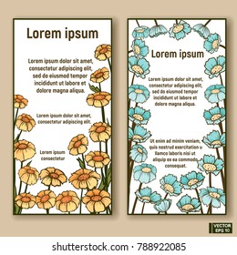 Vector image. Business cards with frames from flowers on a white background. Brochures with flowers and place for text