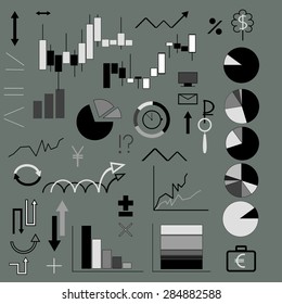 Vector Image. Business Graphs and Charts Icons financial markets.