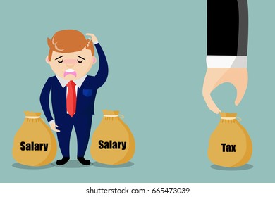Vector image of business man feel dissapoinment while scratch her head after her salary cut off for pay tax