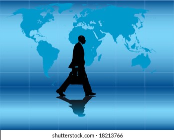 Vector image of business man walking with world map in background