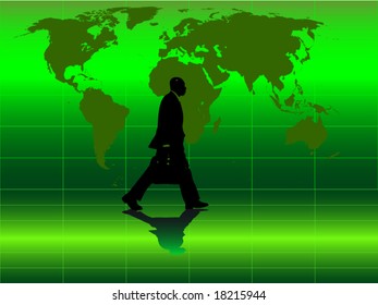 Vector image of business man walking with world map in green