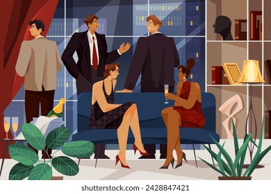 Vector image of business party. Clipart for contract signing or making a deal celebration. Office or employee corporative with people in suits and dress. Nightclub or bar event flat illustration