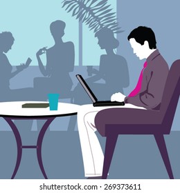 Vector image businessman with a laptop at a table in a cafe