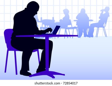 Vector image businessman with a laptop at a table in a cafe