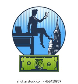 The vector image of a businessman in an office sitting on your desktop. Business papers and laptop. dollar symbol money