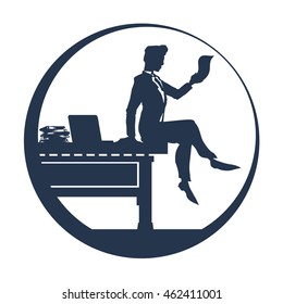 The vector image of a businessman in an office sitting on your desktop. Business papers and laptop