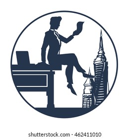 The vector image of a businessman in an office sitting on your desktop. Business papers and laptop